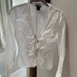 Moda international ruffled zip up blouse
